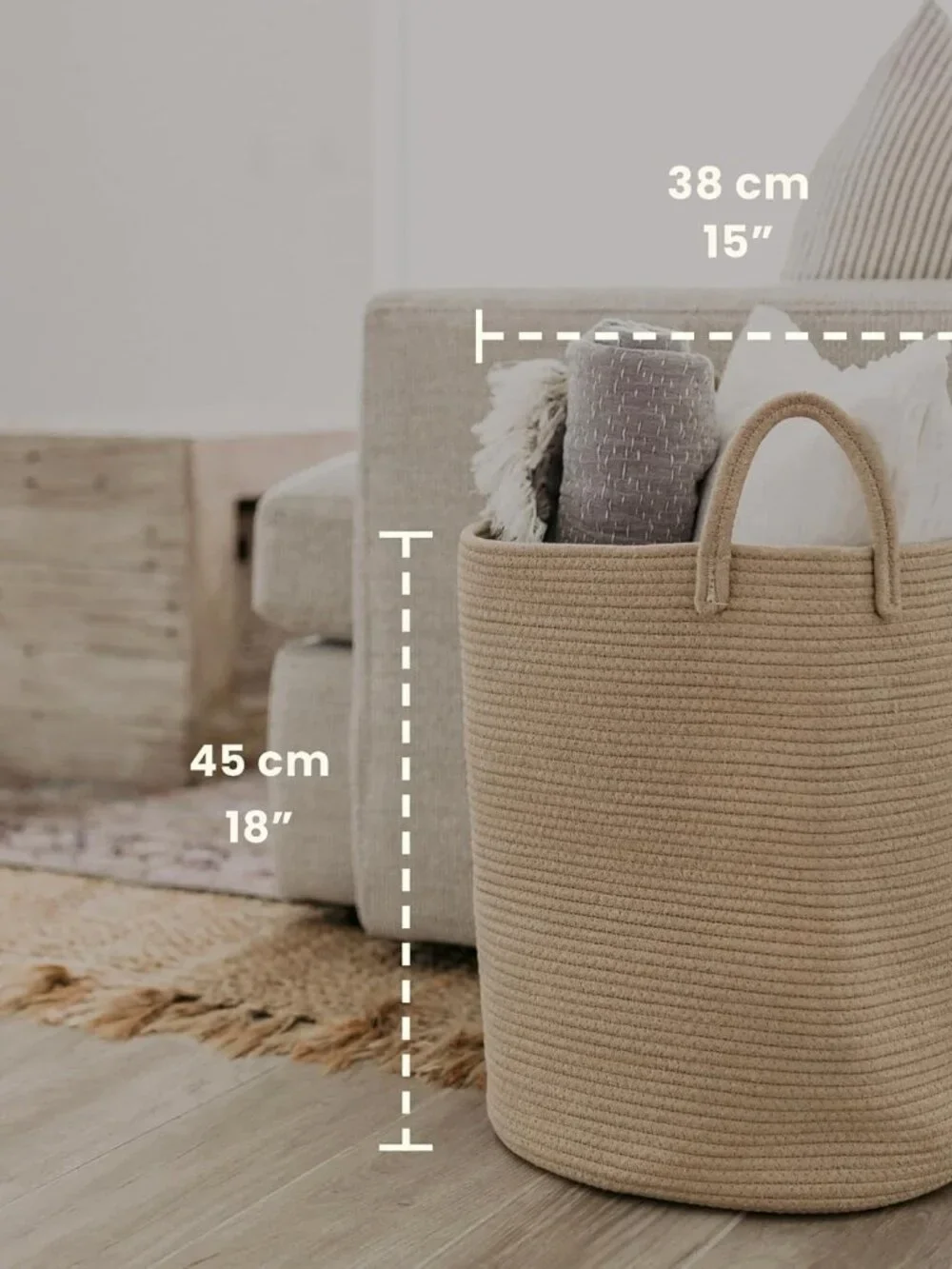 Large Woven Laundry Basket w/Handles 52L, Rope Dirty Clothes Hamper, Blanket Bas - Picture 3 of 9